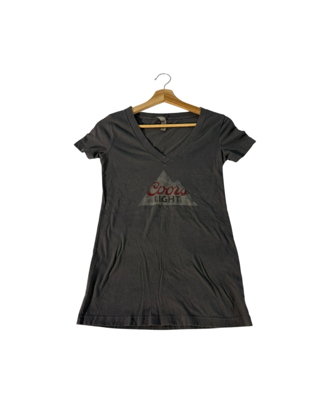 Coors Light V Neck Tee Womens Small Gray Fitted Baby Tee Y2K Grunge Bar Top